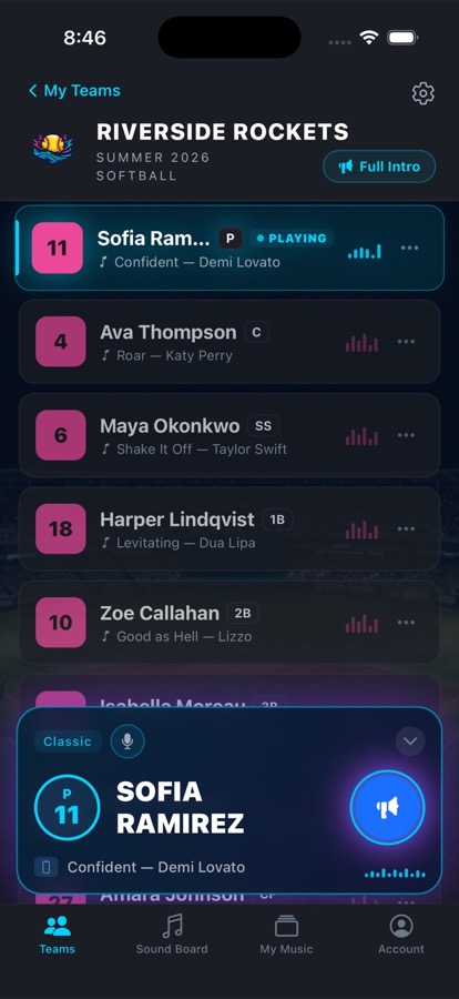 WalkAmp's live lineup screen showing a softball roster with a player's walk-up song playing